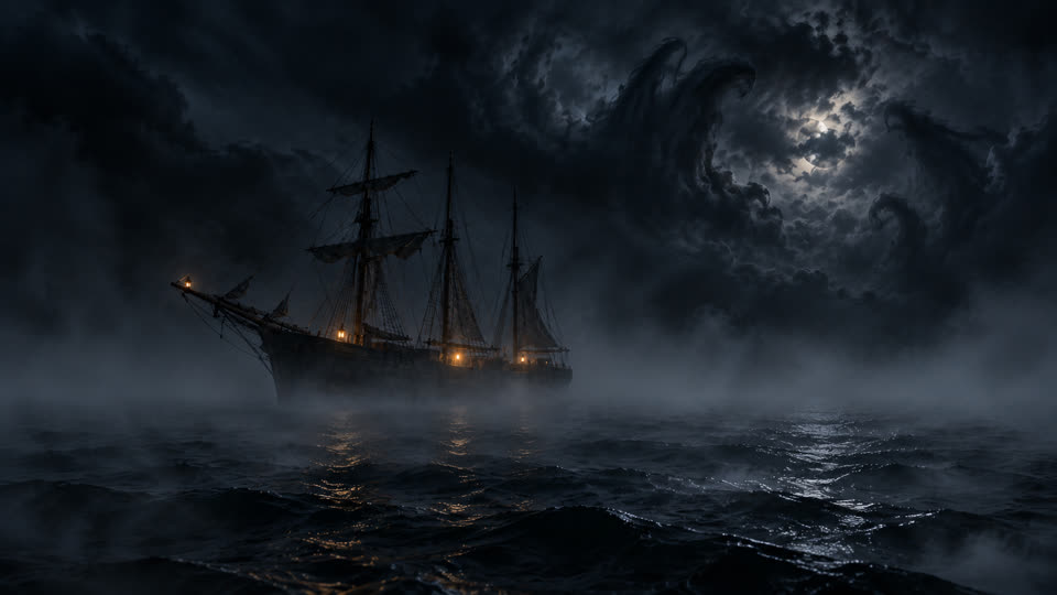 A ghost ship crossing a stormy night sea beneath monstrous cloud shapes, lit by a pale moon